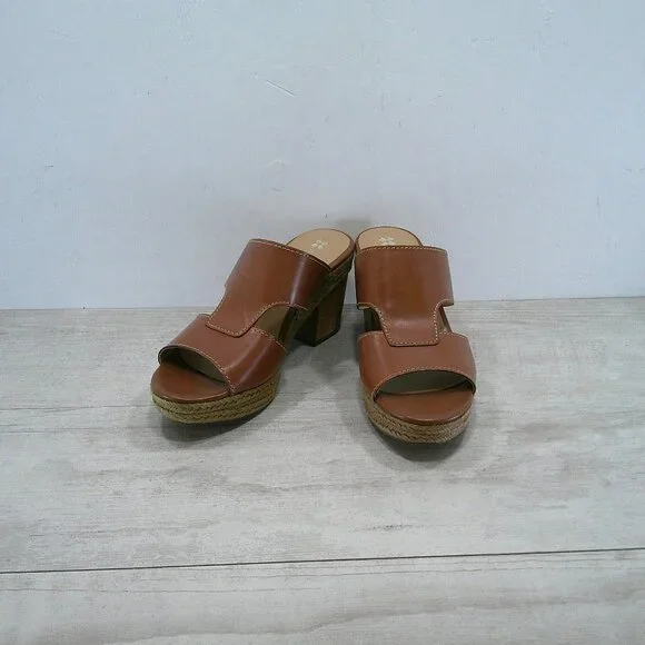 Naturalizer Evette Cognac Leather Slides Platform Wedge Peep toe Sandals 12 Wide - Picture 3 of 14